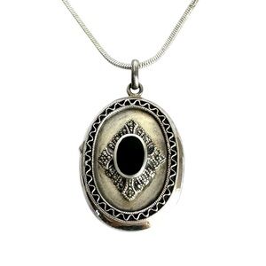 Vintage Locket Necklace Sterling Silver Marcasite Black Onyx Art Deco Pendant